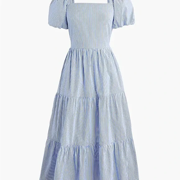 J Crew Midi Dress SZ 6 Blue White Striped Short Puff Sleeve Smocked Milkmaid - Picture 3 of 7